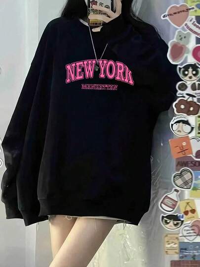 Minimalist Large Letter NEW YORK Print Loose Crew Neck Sweatshirt Black Slimming Daily Versatile Autumn/Winter Sweatshirt