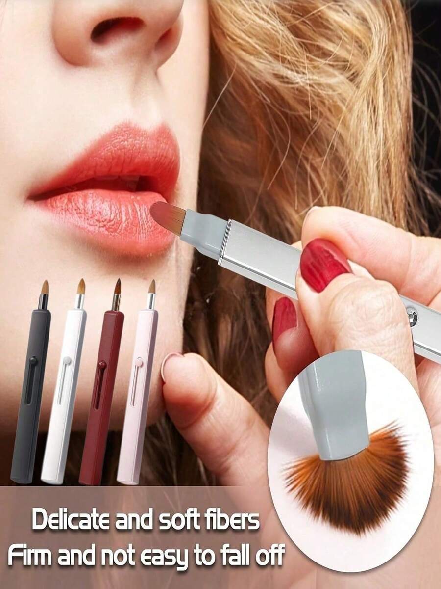 1pc Single-Head Retractable Lip Brush, Single-Head Design, Specially Designed For Lipstick And Lip Gloss, Silver Pink Makeup Brush Set, Precise Application, Lip Brush Lipstick Brush Metal Retractable Lip Liner Brush Concealer Brush With Dust-Proof Cover Portable Storage Multi-Functional Makeup Tool Suitable For All Seasons