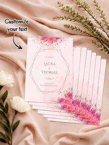 Customized Wedding Preview Invitations For Newlyweds, Featuring A Double-Layered Reddish-Brown Polygonal Line Frame Paired With Hand-Painted Pink-Purple Rose Twig Floral Embellishments Above And Below. The Soft, Nude-Pink Ink Wash Gradient Serves - Multi-color 2 - View 4