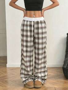 Women's Classic Plaid Contrast Color Drawstring Waist Casual Pants Can Be Worn Outerwear - Multicolor - View 1