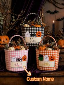 Halloween Embroidered Personalized Basket, Checkered Pattern Trick-Or-Treat Bag, Customizable With Name, Halloween Candy Bucket, Halloween Storage Basket Gift. - Multicolor - View 1
