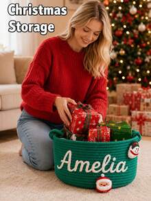 Customized Personalized Christmas Gift Basket, Crocheted Rope Basket, Holiday Decoration, Christmas Eve Basket, Christmas Gift Storage Basket - Multicolor - View 4