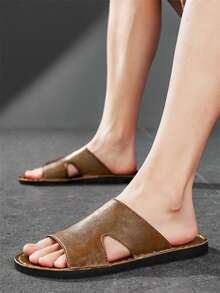 Men's Hollow Out Strap Slides, Vintage Sturdy Stitching Lightweight Flat Bottom, Casual Sandals For Shopping Beach Travel Daily Wear - Brown - View 3