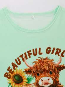 Plus Size Women's 3 Pieces Casual Loungewear Pajama Set, Animal Sunflower Highland Cow Print Design, Round Neck Short Sleeve Top With Pink & White Plaid Elastic Shorts And Long Pants, Soft Comfortable Loose Fit, Suitable For Outdoor Women's Pajamas And Loungewear, Wearable All Year Round - Mint Green - View 5