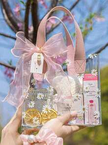 1/3/5pcs Beige And Pink Transparent PVC Gift Tote Bags, Cute Daisy Pattern Reusable Gift Bags, Suitable For Supermarket Shopping, Travel Vacation, Holiday Essentials, Halloween, Christmas Gifts - Multiple Styles - View 9