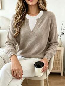 Plus Size Casual Fashion 2 In 1 Patchwork Crew Neck Contrast Color Long Sleeve Knit Pullover Sweater - Khaki - View 5