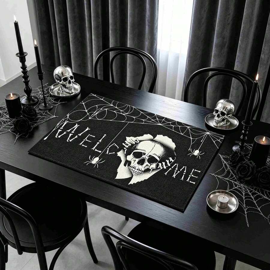 1/4/6pcs Halloween Series Bone Font Skeleton Spider Web Pattern Printed Placemats, Heat-Resistant Table Mats For Home Kitchen/Dining Table Protection, Party Scene Decoration