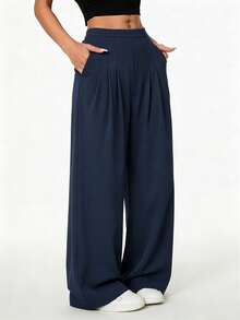 New Women's Solid Color Wide Leg Sports Pants, Elastic Waist With Dual Pockets And Contrast Color, Fitness Yoga Running Casual Everyday Pants - Royal Blue - View 6