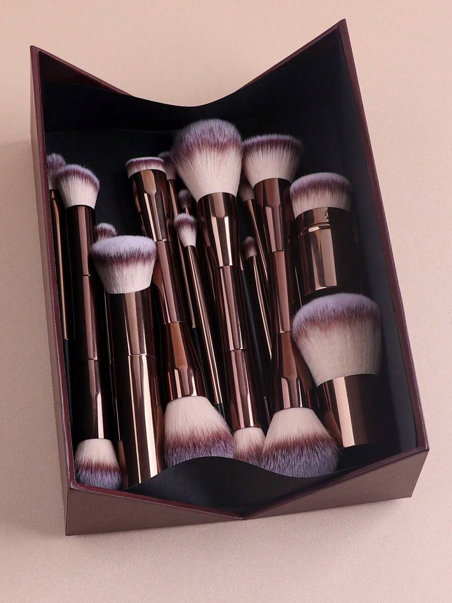 4pcs Professional Dual-Ended Makeup Brush Set - Featuring Angled And Tapered Designs For Foundation, Contour, Blush, Powder, Eyeshadow, Concealer, Highlighter, And Blending. Soft Fiber Bristles - Coffee Brown - View 1