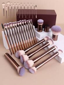 4pcs Professional Dual-Ended Makeup Brush Set - Featuring Angled And Tapered Designs For Foundation, Contour, Blush, Powder, Eyeshadow, Concealer, Highlighter, And Blending. Soft Fiber Bristles - Coffee Brown - View 6