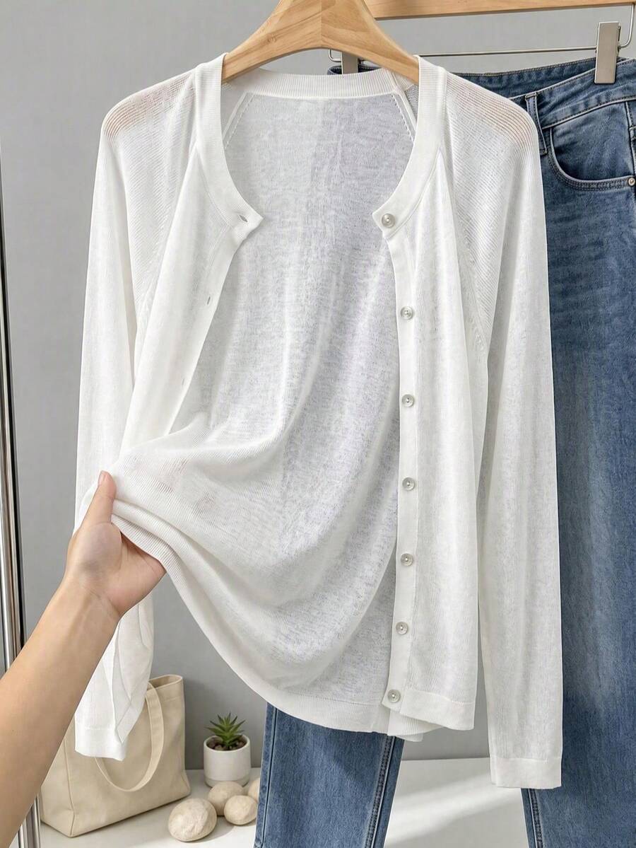 GIGOGOU Plus Size 1XL-4XL Women's Spring/Summer Lightweight Knit Cardigan, Casual Long Sleeve Hollow Out Jacket - White - View 1