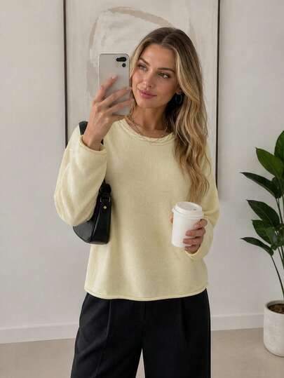 Wixra Frilled Crew Neck Drop Shoulder Knit Sweater, Casual Long Sleeve Loose Soft Pullover Top For Fall Winter