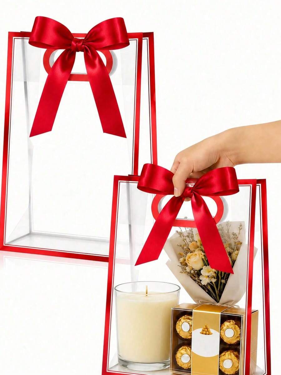 Red Rim Transparent Plastic Gift Bags, With Die-Cut Handle, Reusable PP Gift Bags, With Ribbon, Suitable For Graduation, Wedding, Bridal, Birthday,Christmas, And Wedding Anniversaries. Small Business,Christmas Lovers Gift,Christmas Gifts - Multicolor - View 1