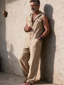 GOLDREDY Men's Loose Summer Casual Lazy Lightweight Hooded Tank Top Multi-Pocket Jumpsuit - Khaki - View 1