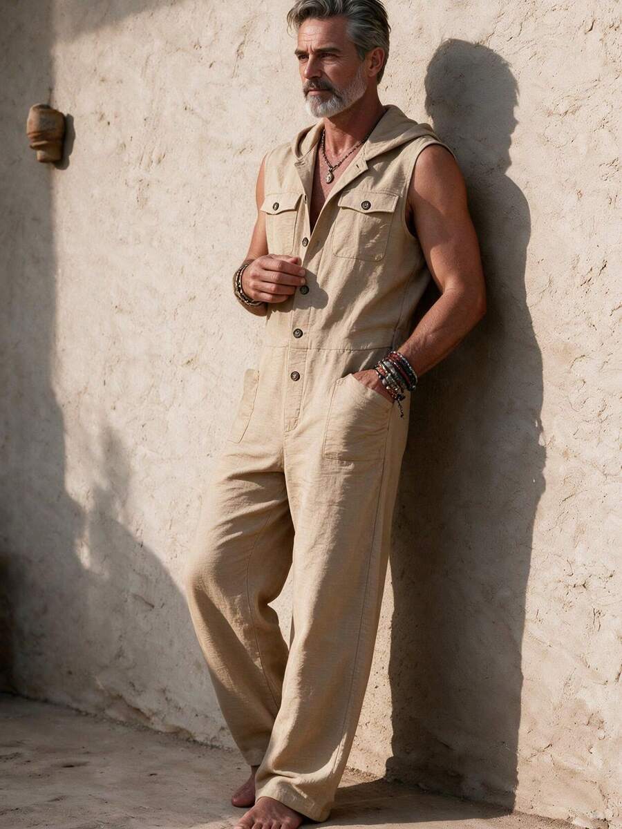 GOLDREDY Men's Loose Summer Casual Lazy Lightweight Hooded Tank Top Multi-Pocket Jumpsuit - Khaki - View 1