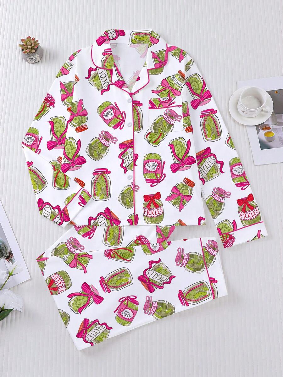 2pcs/Set Plus Size Women's Pajama Set, Bow & Cucumber Print, Women's ...