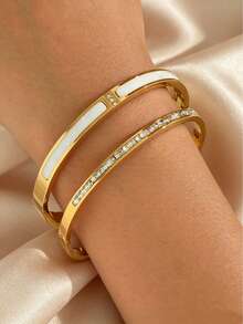 2pcs Hot-Selling Cross-Border Starry Sky Rhinestone-Studded Stainless Steel Bracelets, Fashionable Elegant Women's Full-Rhinestone Bangles - Gold - View 10