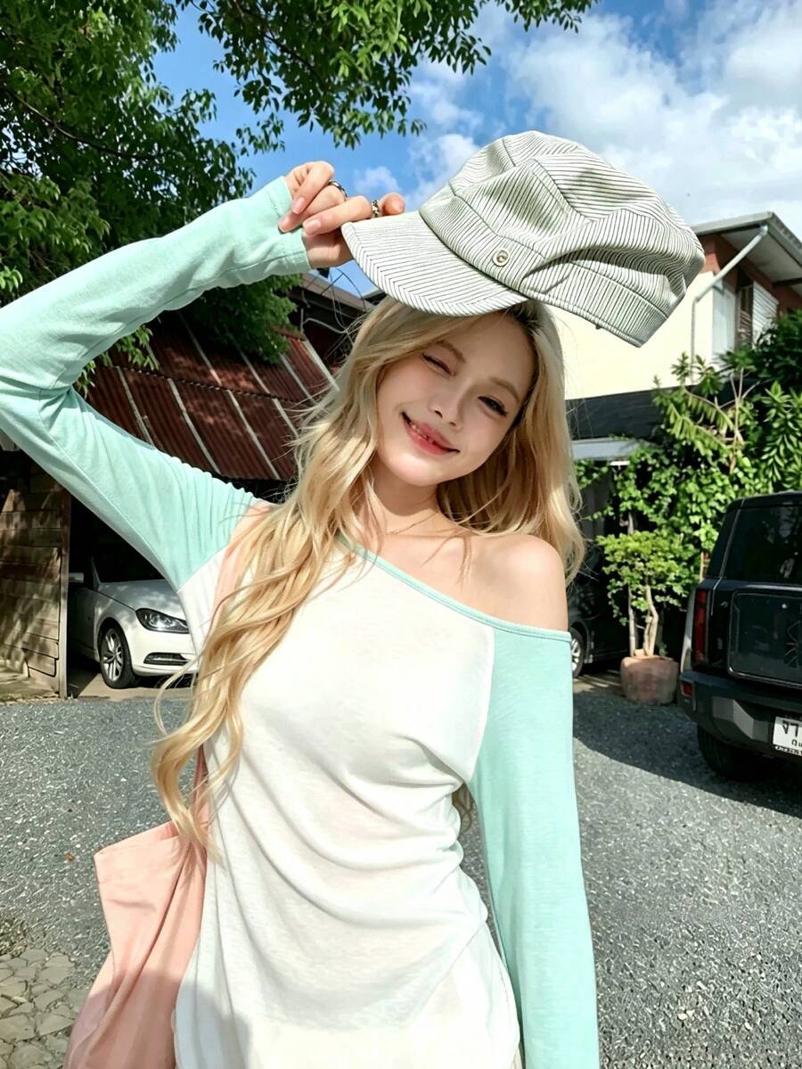 Atasan Rajut Wanita Bahu Terbuka Lengan Panjang, Desain Leher Bulat, Panjang Reguler Modis, Sweater Rajut Musim Gugur - Mint Green - View 1