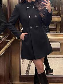 PoPoHouse Fall Winte Women's Vintage Stand Collar Double‑Breasted Woolen Coat, Elegant Commuter A‑Line Mid‑Length Overcoat - Black - View 4