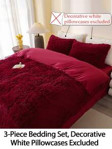 3pcs Burgundy Long Plush Skin-Friendly Soft Comfortable Duvet Cover Set (1 Duvet Cover + 2 Pillowcases, Duvet And Pillow Inserts Not Included), Suitable For Bedroom And Guest Room - Burgundy - View 4