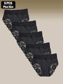 5pcs Plus Size High Waist Lace Trim Casual Panties, Medium Stretch, Women's Casual Underwear - Multicolor - View 2