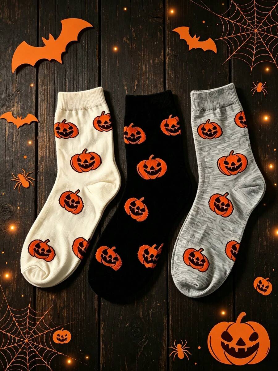 3 Pairs Women's Cute Cartoon Pumpkin Halloween Party Socks, Unisex All Season, Holiday Gift - Multicolor - View 1