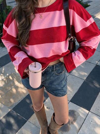Camiseta de manga larga a rayas burdeos y rosa, ropa de otoño de moda Y2K para volver a la escuela para mujeres, camiseta casual de cuello redondo y manga larga para mujeres