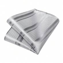 Silver Gray Wide Diagonal Striped Men's Tie 4-Piece Set, Business Formal Handkerchief, Cufflinks, Gold Tie Clip, Wedding Banquet Accessories - Silver - View 5