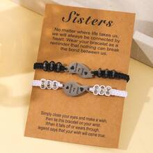 2pcs Vintage Stainless Steel Engraved Heart Woven Friendship Card Bracelet, Suitable For Women - Black and White - View 5