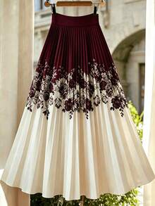 Vintage Black & White Print Pleated Skirt, Elastic Waist, Elegant Flowy Umbrella-Shaped Skirt - Burgundy - View 2