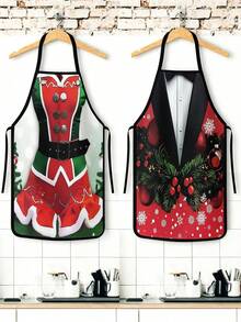2Pcs Christmas Couple Aprons Set, Funny Santa Helper Elf Costume & Tuxedo Suit Print Kitchen Apron, Waterproof Adjustable Bib Apron For Baking Cooking Grilling, Xmas Holiday Party Decor Gift - Multicolor - View 9