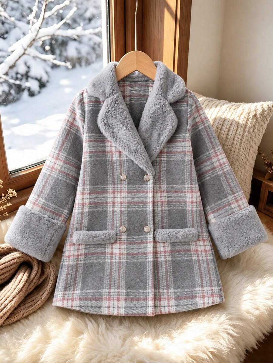 Autumn/Winter Girls' Fashion Elegant Plaid Wool Mid-Length Coat - Multicolor - View 1