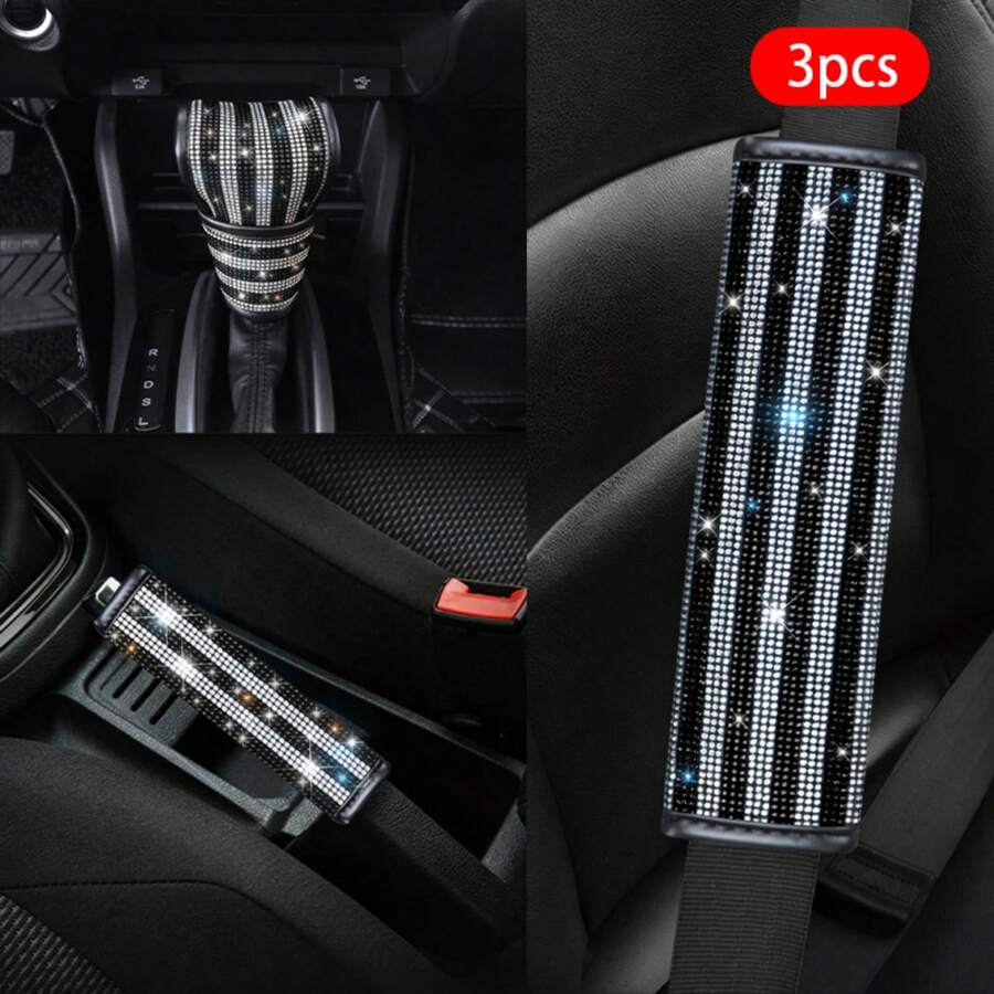 3PCS New Shiny Rhinestone Steering Wheel Cover 1pc + Rhinestone Shoulder Protector 1pc + Rhinestone Gear Shift Cover, 3 Pieces Set Combination, Comfortable Non-Slip Wear-Resistant, Universal Car Interior Accessories, Used For Car Decoration - Multicolor - View 1