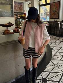 Jaket Rompi Wanita Kasual Kancing Tunggal Warna Pink, Pakaian Musim Gugur - Berwarna merah muda - View 4