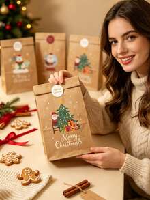 13pcs Christmas Santa Claus Print Gift Bags Set, Gingerbread Man & Christmas Tree Pattern Gift Bags With Christmas Stickers, Party Baking Flat Bottom Paper Bags, Holiday Party Favors, Photo Props, Suitable For Christmas Gift Packaging, Holiday Gifts, Holiday Celebration Decor - Multicolor - View 8