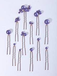 12个女士仿珍珠发夹，简约头饰，适合日常佩戴、婚礼、情人节配饰，优雅，派对装扮 - 紫色 - 查看 3
