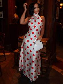 SYchuan Women's Elegant Polka Dot Halter Neck Maxi Dress, Knit Fabric, Sleeveless Backless Slim Fit, Suitable For Fashionable Occasions - White - View 1