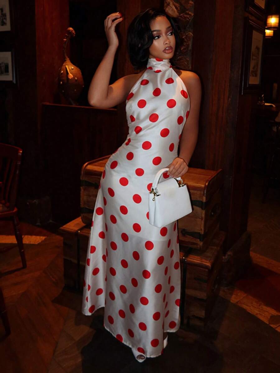 SYchuan Women's Elegant Polka Dot Halter Neck Maxi Dress, Knit Fabric, Sleeveless Backless Slim Fit, Suitable For Fashionable Occasions - White - View 1