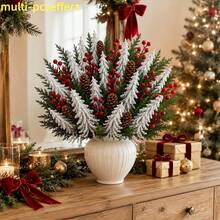 22pcs Christmas Artificial Snow Covered Pine Tree Tower And Mixed Color Bouquet, Maintenance-Free, Long Stem DIY Vase Floral Decoration, Suitable For Living Room, Fireplace, Dining Room, Party And Other Scenes - Multicolor - View 5