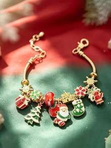 Hot Selling Christmas Themed Snowflake Socks Castle Gloves Christmas Tree Enamel Contrasting Through Hole Beads Adjustable Bracelet - Style 1 - View 5