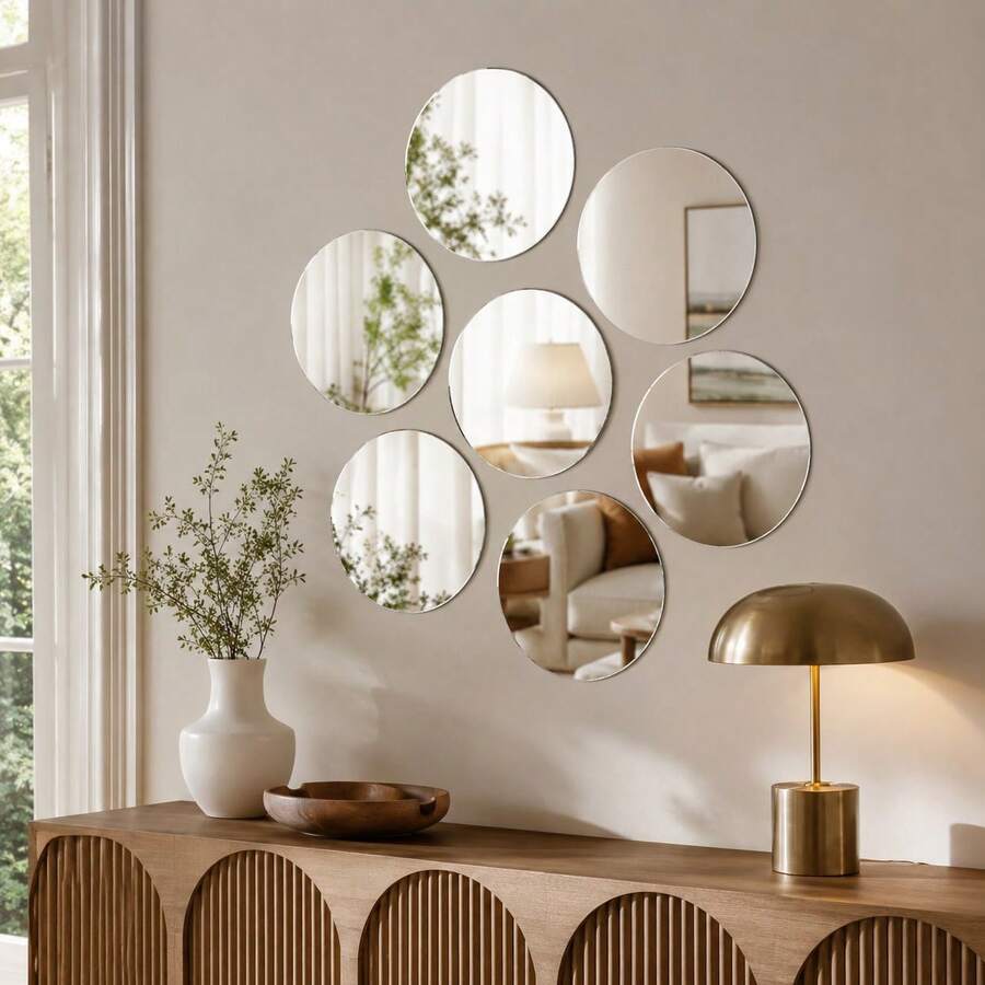 OUTANA 6pcs Round Acrylic Decorative Trays, Mirrored Style, Clear And Glossy, Suitable For Tabletop Candles, Acrylic Mirror Decor, Dining Table Centerpiece, Fits Wedding, Birthday, Christmas Party Scenes, Home Art Display, Decorates Various Banquet And Home Tabletop Spaces