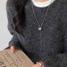 1pc Minimalist Style 3 Options Silver Heart Star Square Pull Necklace Women's New Niche Luxury Pendant Sweatshirt Chain Accessory Suitable For Men And Women Daily Use - Love - View 2