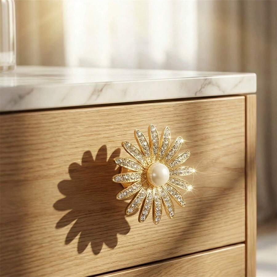 2pcs Daisy Shaped Metal Pull Handle, Pearl Rhinestone Drawer Handle Suitable For Storage Boxes, Makeup Boxes, Decorative Boxes, Cabinets, Drawers, Wardrobes, Includes Screws - Multicolor - View 1