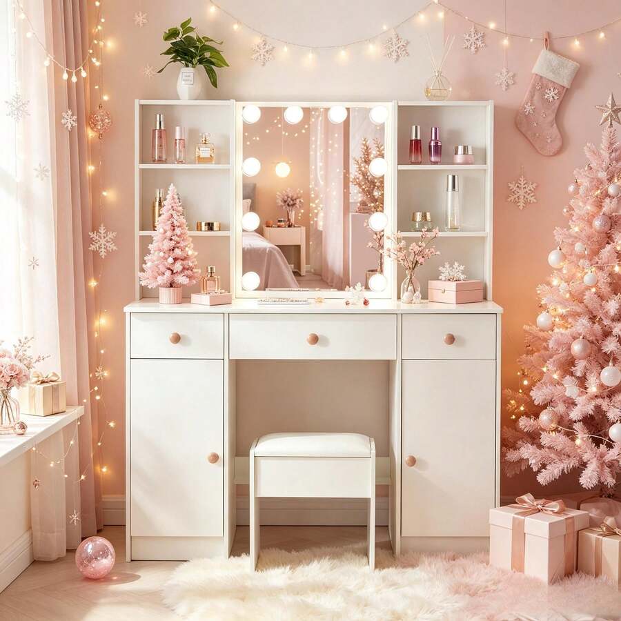 NEW Dressing Table Vanity Table W/ LED Mirror 6 Shelves Makeup Vanity Stool Set - White - View 1