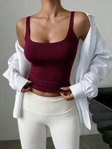 Spring/Summer Sexy Minimalist Hot Girl Solid Color Low Neck Fitted Daily Commute Date Sports Party Music Festival Women's Tank Top - Burgundy - View 3