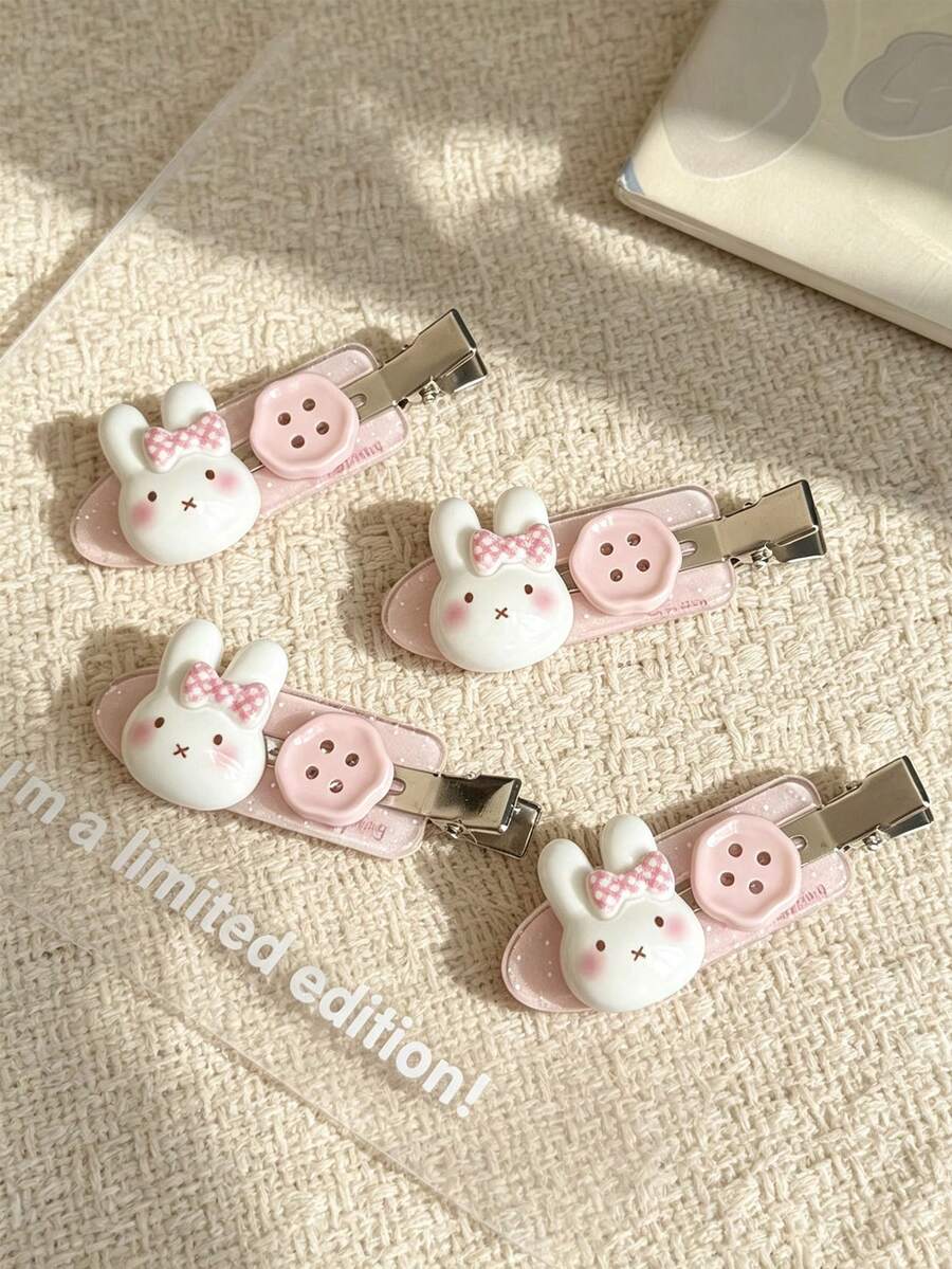2pcs Ins Korean Style Cute Rabbit Button Seamless Hair Clips, Girly Cartoon Side Bangs Hair Accessories - Multicolor - View 1