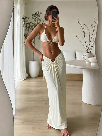 HOTTIE HABIT Women's Cream White 3-Piece Bikini Set: Metal Ring Halter Top, High-Cut Bottoms & Drawstring Beach Cover-Up, Sexy Summer Vacation Swimwear