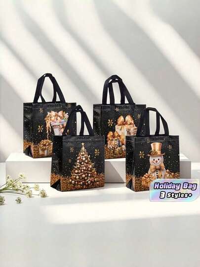16pcs Elegant Black Christmas Gift Bags With Sturdy Handles - Luxurious Gold Foil Holiday Design (Trees, Gifts, Snowflakes) - Non-Woven Fabric Bags For Christmas, New Year, Party, Wedding Gifts - Elegant Holiday Gift Packaging And Decoration, Christmas Gift Bags, Party Gift Bags, Durable Holiday Bags (1/8/16pcs)