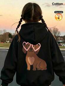 2026 Autumn/Winter Girls' Custom Loose Black Hooded Sweatshirt, Puppy Pattern With Heart-Shaped Glasses, Cute Cartoon Style - Black - View 12