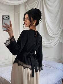 Trumpet Sleeve Round Neck Back Tie Waist Cincher Asymmetrical Hem Lace Patchwork Top, Suitable For Casual Daily Wear, Dating And Vacation - Black - View 2